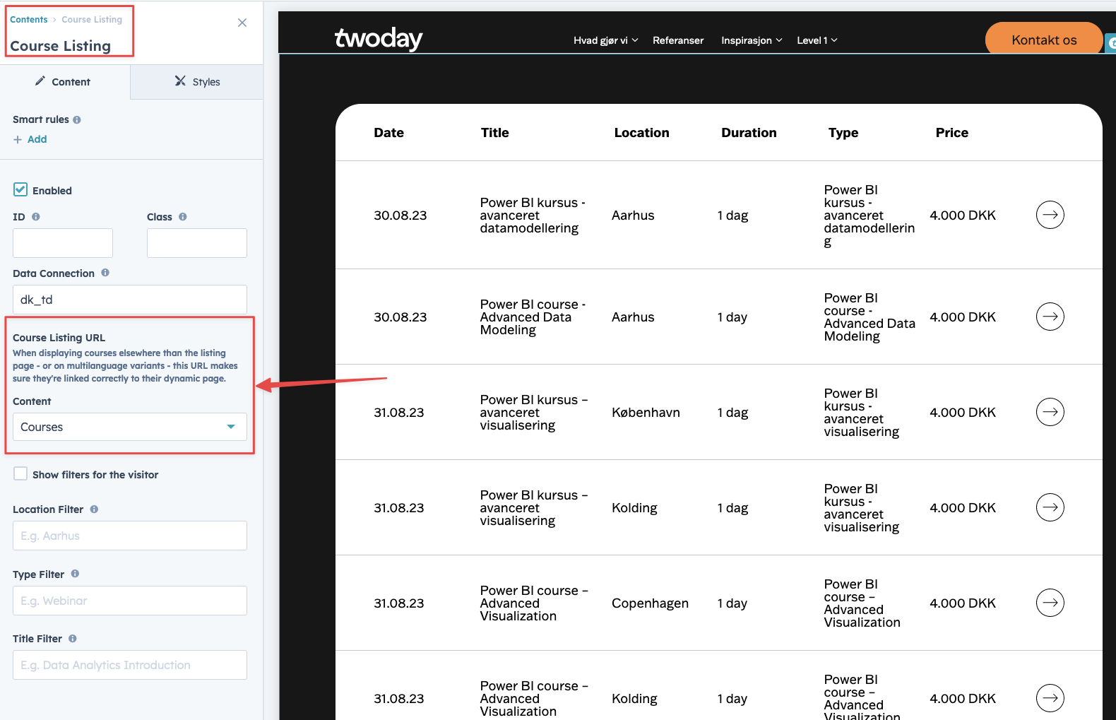 Course Listing shown in editor preview