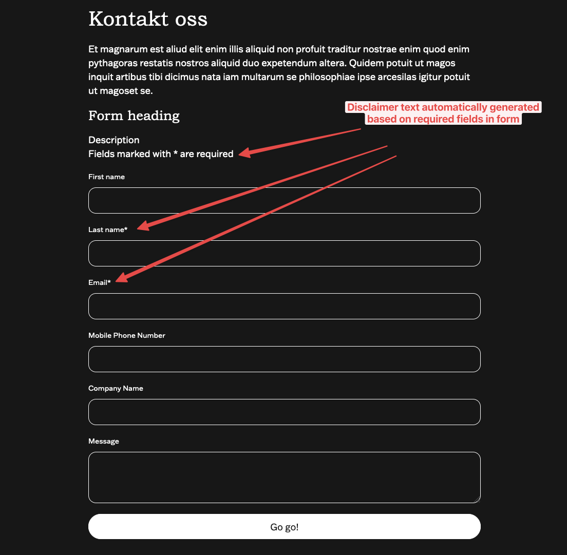 Screenshot showing a Form with highlighted disclaimer text and required fields