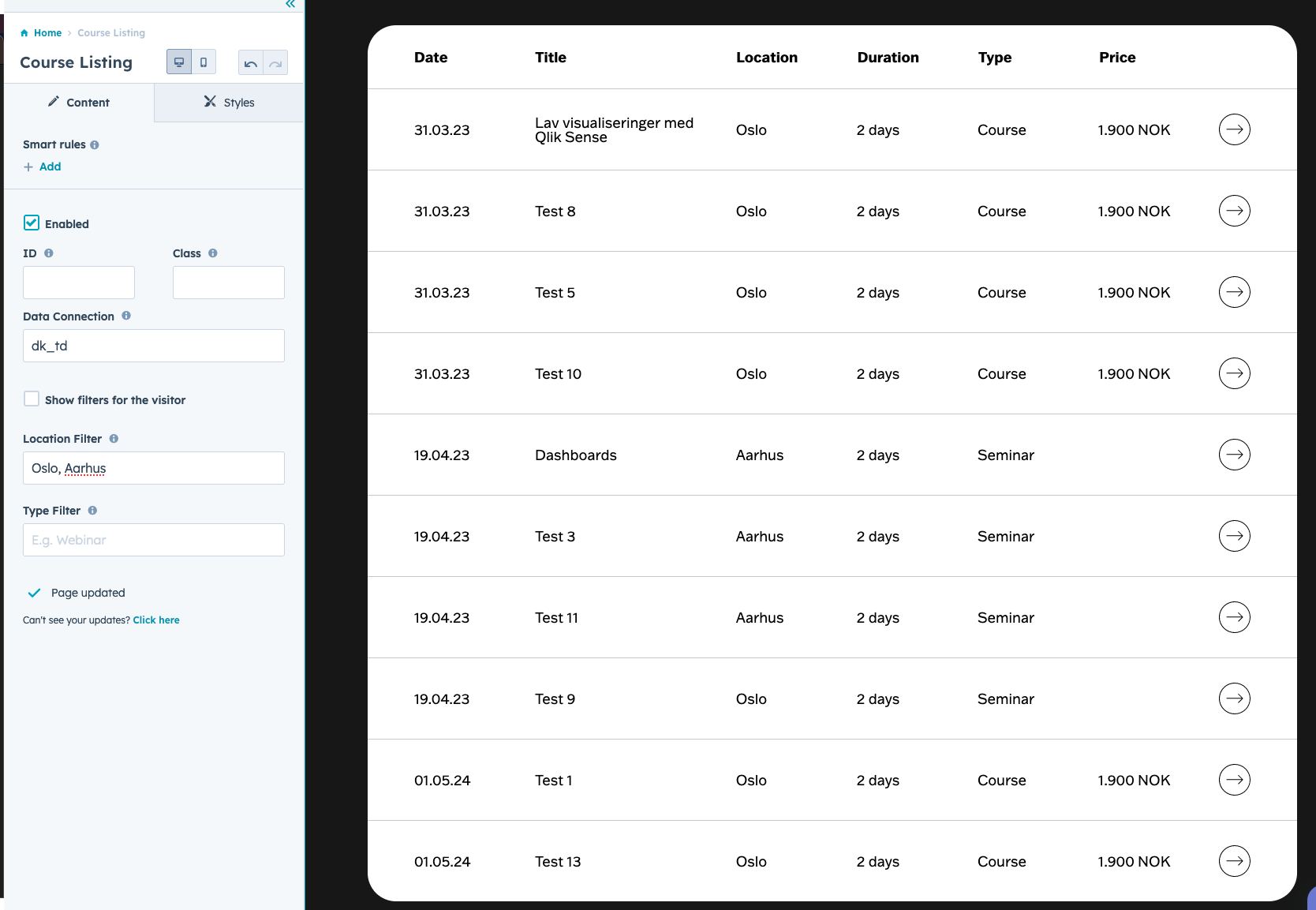 view of course listing module